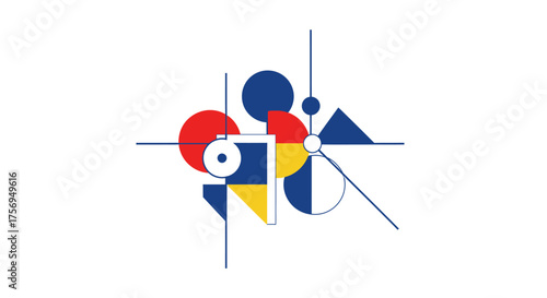 Geometric shapes composition with vibrant colors and lines.