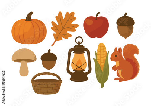 Vector Autumn icons: pumpkin, lantern, squirrel, corn, acorn, apple, oak leaf, mushroom, basket
