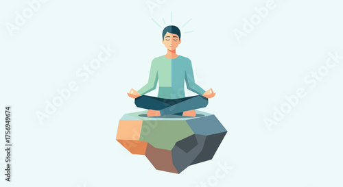 Man meditating in a lotus pose on a floating geometric rock.