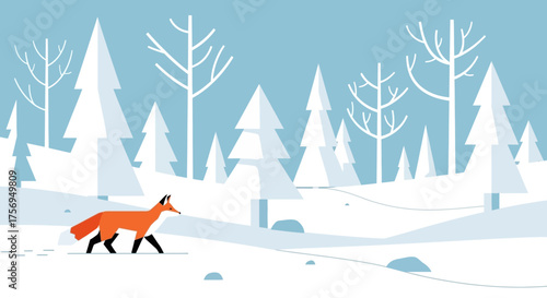 Red Fox Walking Through a Serene Winter Forest Landscape.
