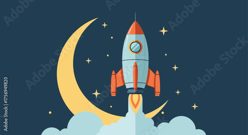Rocket Ship Launching Towards the Moon in the Night Sky.