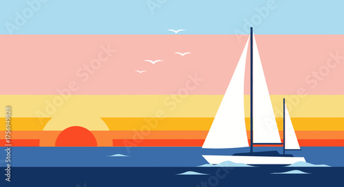 Sailboat with white sails cruising on the ocean at sunset.