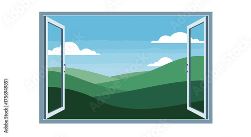 Scenic view of rolling green hills from an open window.