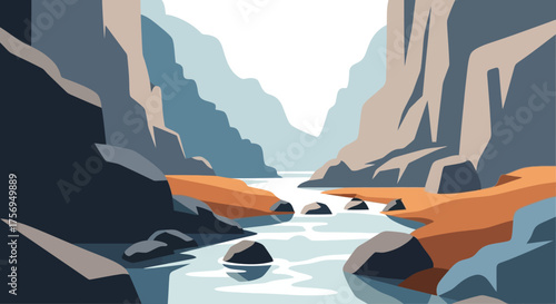 Serene Canyon River Landscape with Rocky Cliffs.