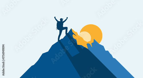 Silhouette of a hiker celebrating on a mountain peak at sunrise.