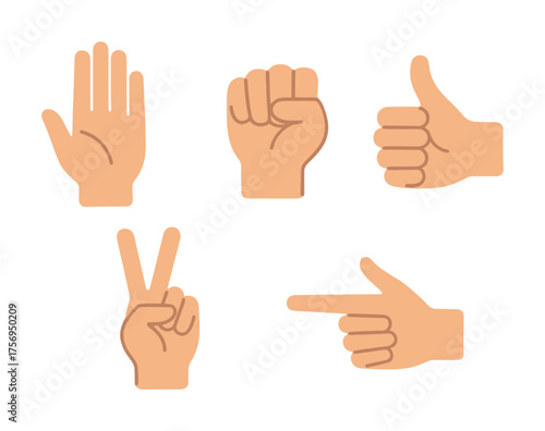 Vector Set of five hand gestures including peace, thumbs up, and pointing on white background