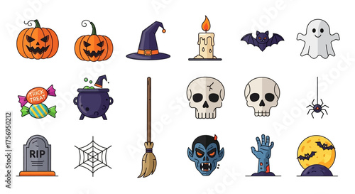Halloween themed collection of spooky and scary objects and symbols.