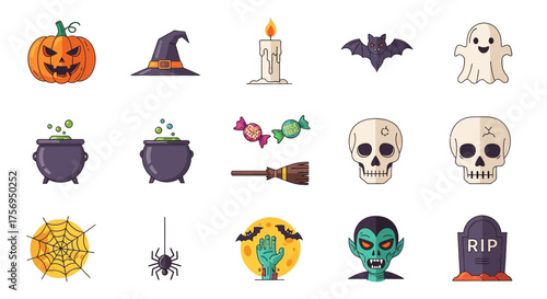 Halloween themed collection of spooky objects and symbols for the holiday.