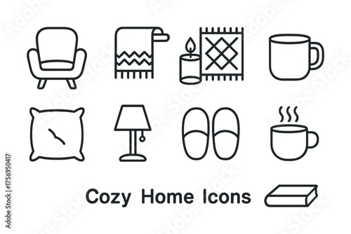Vector Cozy home essentials icons: chair, blanket, candle, mug, pillow, lamp, slippers