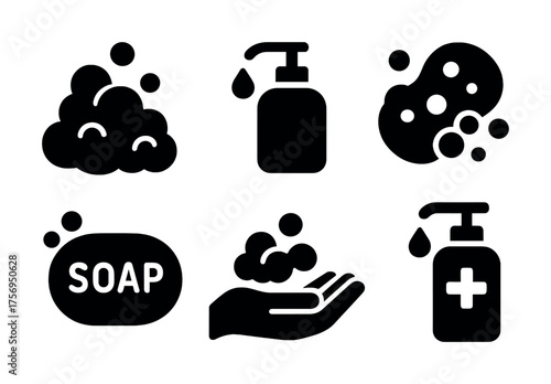 Vector Black and white soap and hygiene icons including bubbles and dispenser