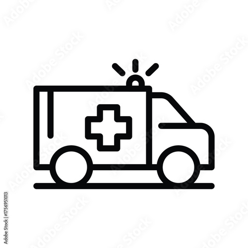 A line art ambulance featuring a cross wheels and a light on top all depicted in black lines. line icon editable stroke