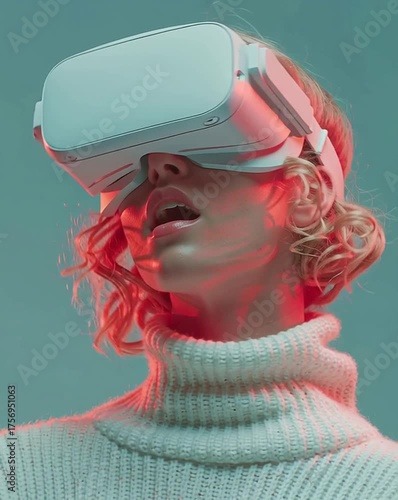 Stylish young woman wearing a white VR headset under red neon light. Modern futuristic portrait concept showing innovation, technology, and digital lifestyle.