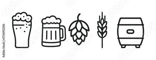 Vector Beer and brewing icons including glass, mug, hop, wheat, and barrel outline