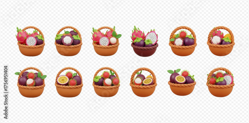 Collection of baskets filled with tropical fruits like dragon fruit, mangosteen, and passion fruit.
