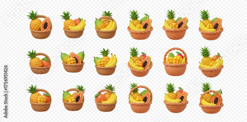 Collection of baskets filled with tropical fruits like pineapples, bananas, and papayas.