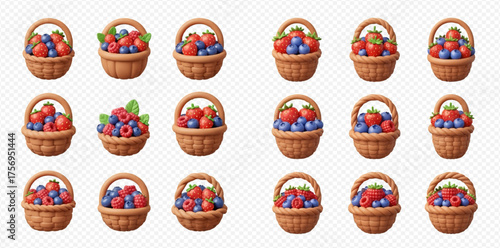 Many baskets filled with mixed berries, strawberries, raspberries and blueberries.