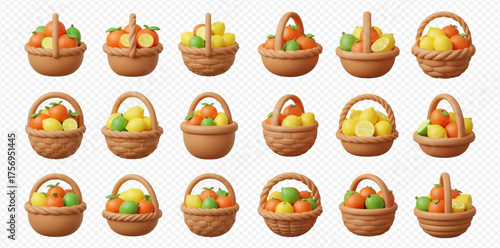 A collection of baskets filled with various fruits, including oranges, lemons, and limes, arranged in a grid pattern.