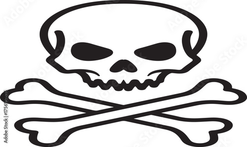 A stark black and white illustration of a skull and crossbones symbol representing danger and poison isolated on white background.