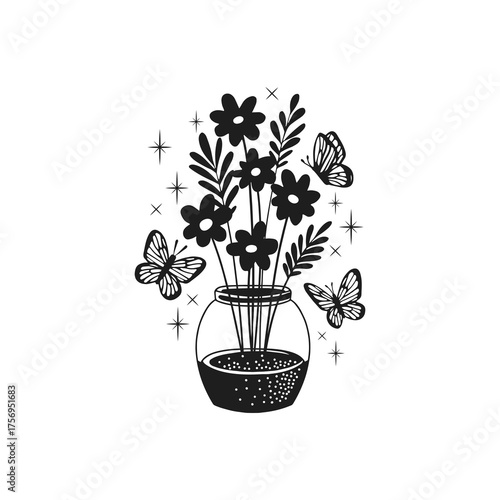 Bouquet of Flowers silhouette on white background. Set of Vector Illustration.