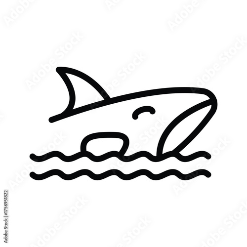 A simple drawing of an orca or killer whale swimming with its dorsal fin visible above waves. line icon editable stroke
