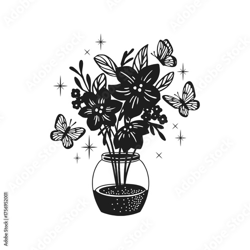Bouquet of Flowers silhouette on white background. Set of Vector Illustration.