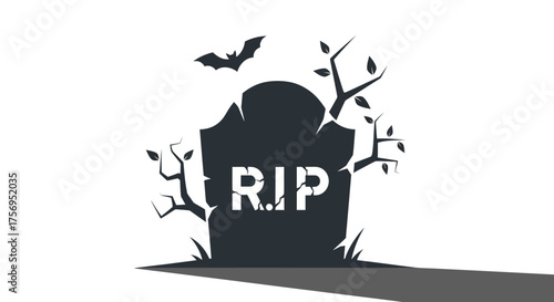 Silhouette of a Tombstone with RIP Inscription and Bat.