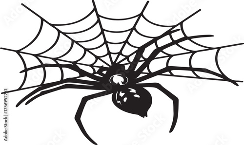 A detailed black and white illustration of a large spider with eight legs positioned on a symmetrical spider web isolated on white background.