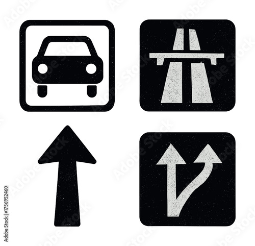 Vector Black and white traffic signs including car icon and arrows