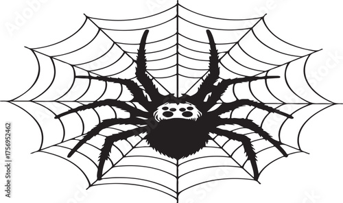 A detailed black and white illustration of a large spider with eight legs positioned on a symmetrical spider web isolated on white background.