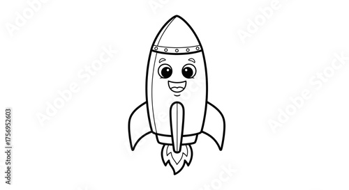 Cartoon rocket ship with a smiling face ready for space travel and adventure.