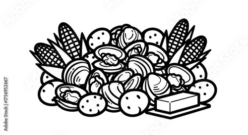 Clam bake with corn and potatoes a delicious seafood feast.