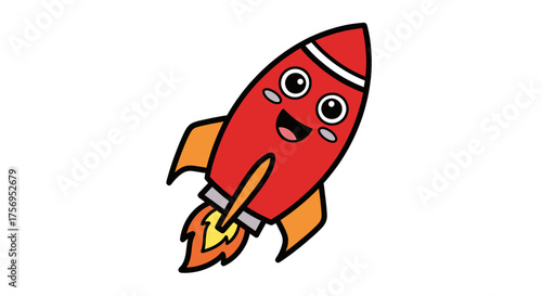 Cute cartoon rocket ship with a happy face and flames.