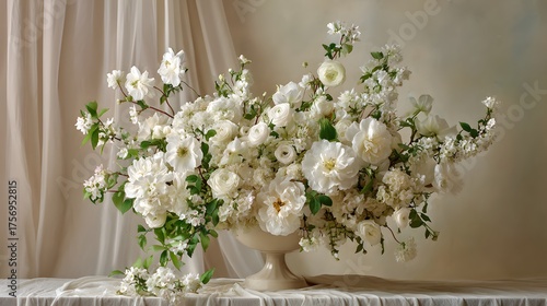 Elegant white floral arrangement adorns a table with soft drapery.