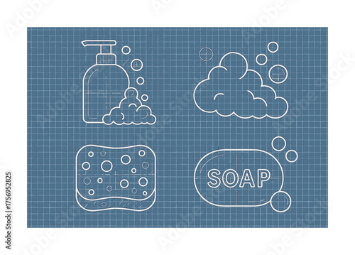 Vector Blueprint of soap bottle, foam, sponge, and bar with bubbles on grid background