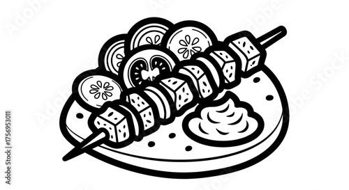 Delicious Skewered Food with Vegetables and Sauce on a Plate.