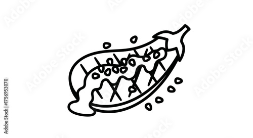 Eggplant with seeds and stem a simple black and white illustration.