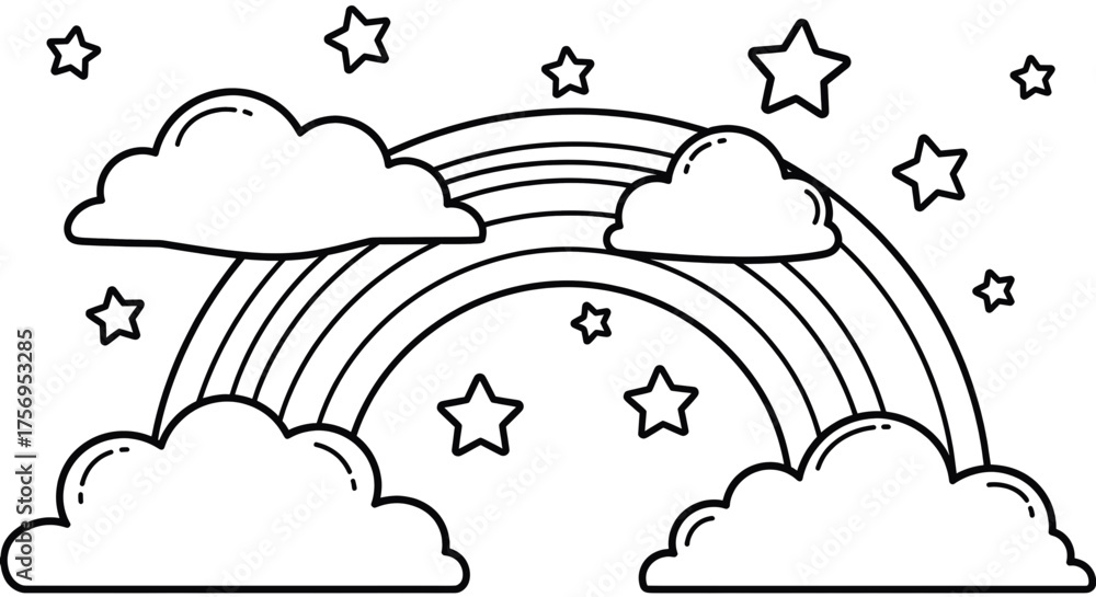 Fototapeta premium Rainbow with clouds and stars a beautiful and colorful illustration.