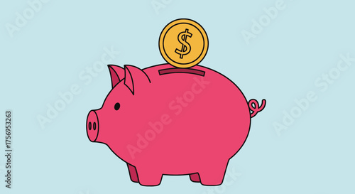 Piggy bank with a dollar coin saving money concept financial investment.