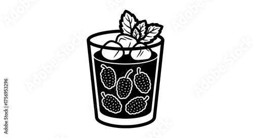 Refreshing drink with ice cubes and berries garnished with mint leaves.