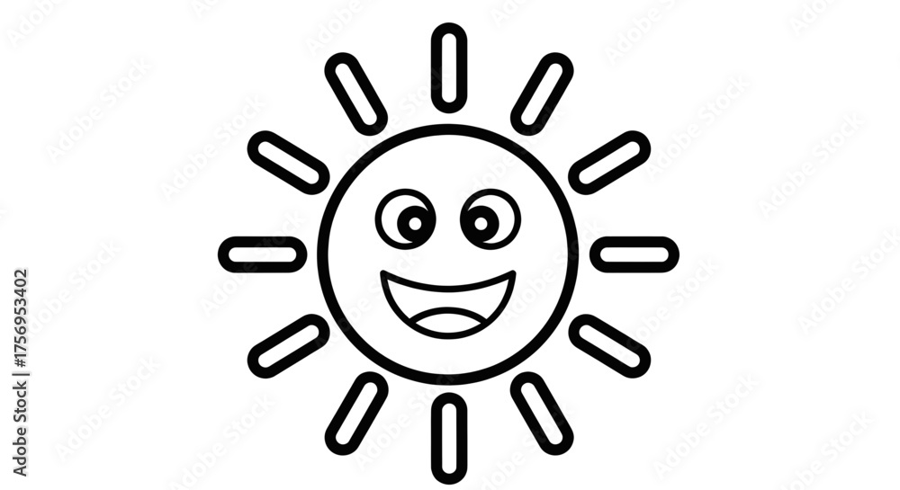 Obraz premium Smiling sun with rays happy face black outline summer weather cartoon.