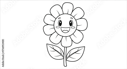 Smiling flower with leaves and stem a cheerful cartoon illustration.