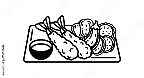 Tempura dish with shrimp vegetables and dipping sauce on a tray.