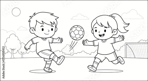Two children playing soccer in the field black and white illustration.