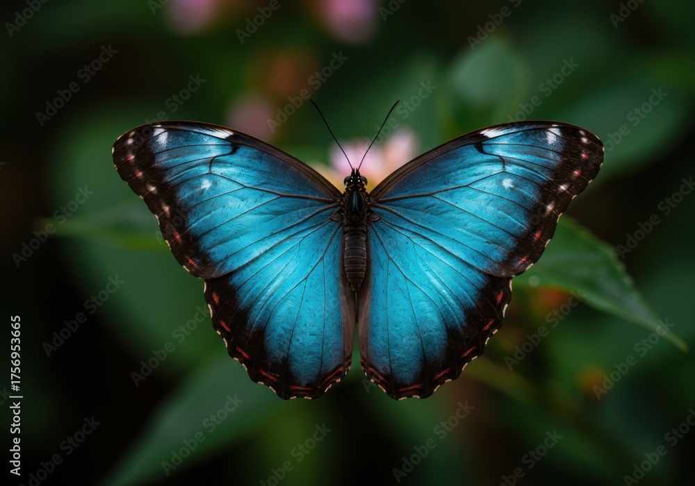 Fototapeta premium Blue Butterfly on Green Background Macro