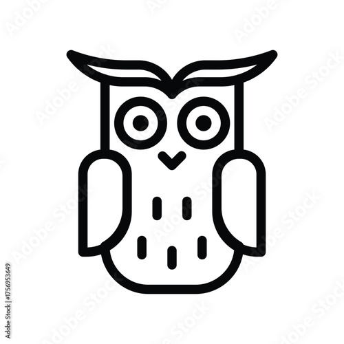 A simplified blackandwhite illustration of an owl with distinctive ear tufts and dotted chest. line icon editable stroke