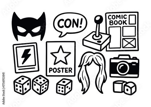 Vector Comic convention icons: mask, joystick, comic book, poster, camera, dice
