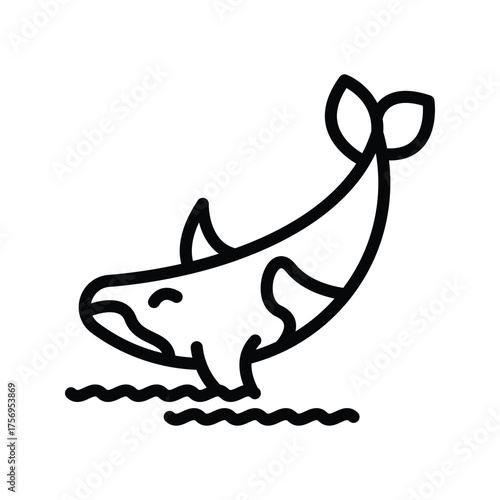 A stylized orca black outline leaping out of wavy water. line icon editable stroke