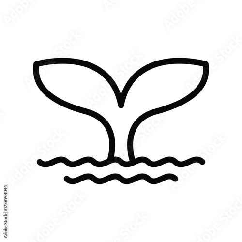 Black line drawing of a whales tail rising from wavy water. line icon editable stroke