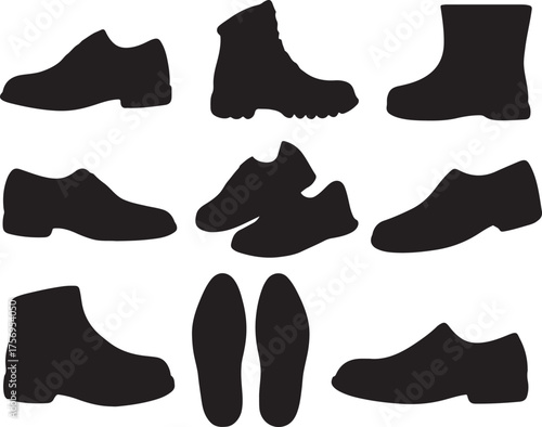 Vector Silhouettes of Assorted Footwear Boots Dress Shoes Sneakers and Insoles Black and White Design Elements for E-commerce & Graphic Projects