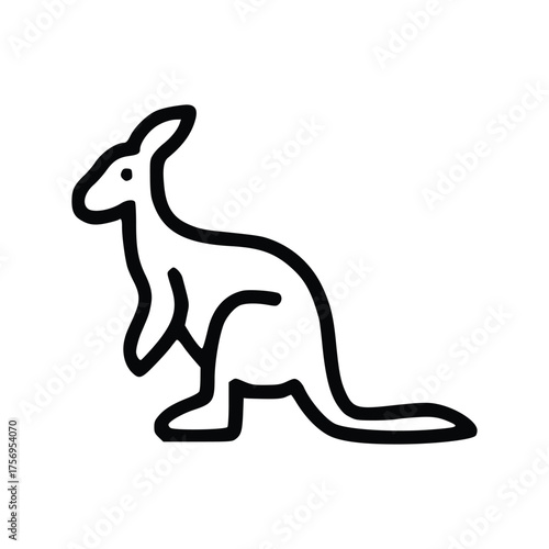 Black outline depicts a kangaroo standing upright showcasing its distinctive shape and long tail. line icon editable stroke